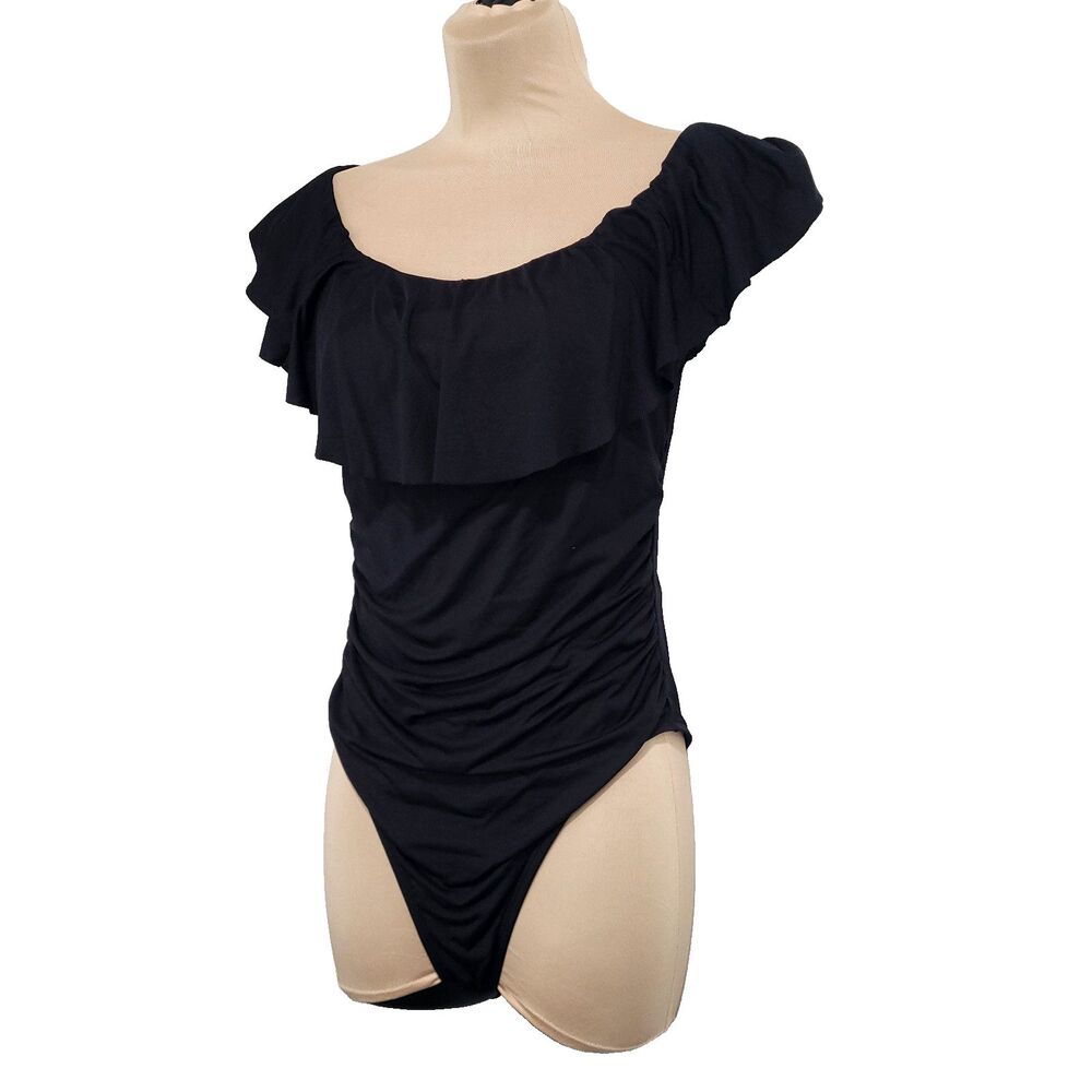La Blanca Island Goddess Ruffle Tummy Control‎ One Piece black 10 Off shoulder